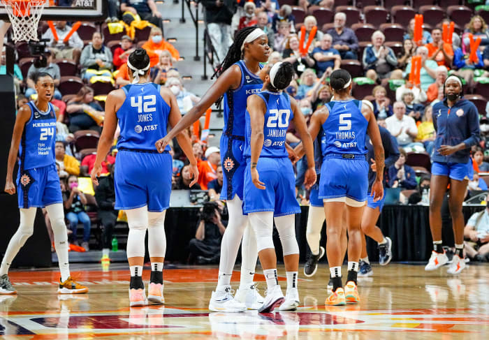 Jonquel Jones chest-bumping Briann January